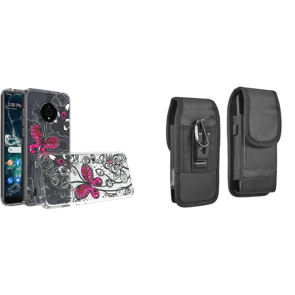 Case and Pouch Bundle for Nokia C200: Slim Series TPU Protector Case (Pink Butterfly) and Vertical Rugged Nylon Belt Holster