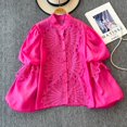 thumbnail image 1 of Blusa informal de manga farol con cuello levantado, camisa de encaje ahuecada con bordado de una sola botonadura, Top de moda, 1 of 5