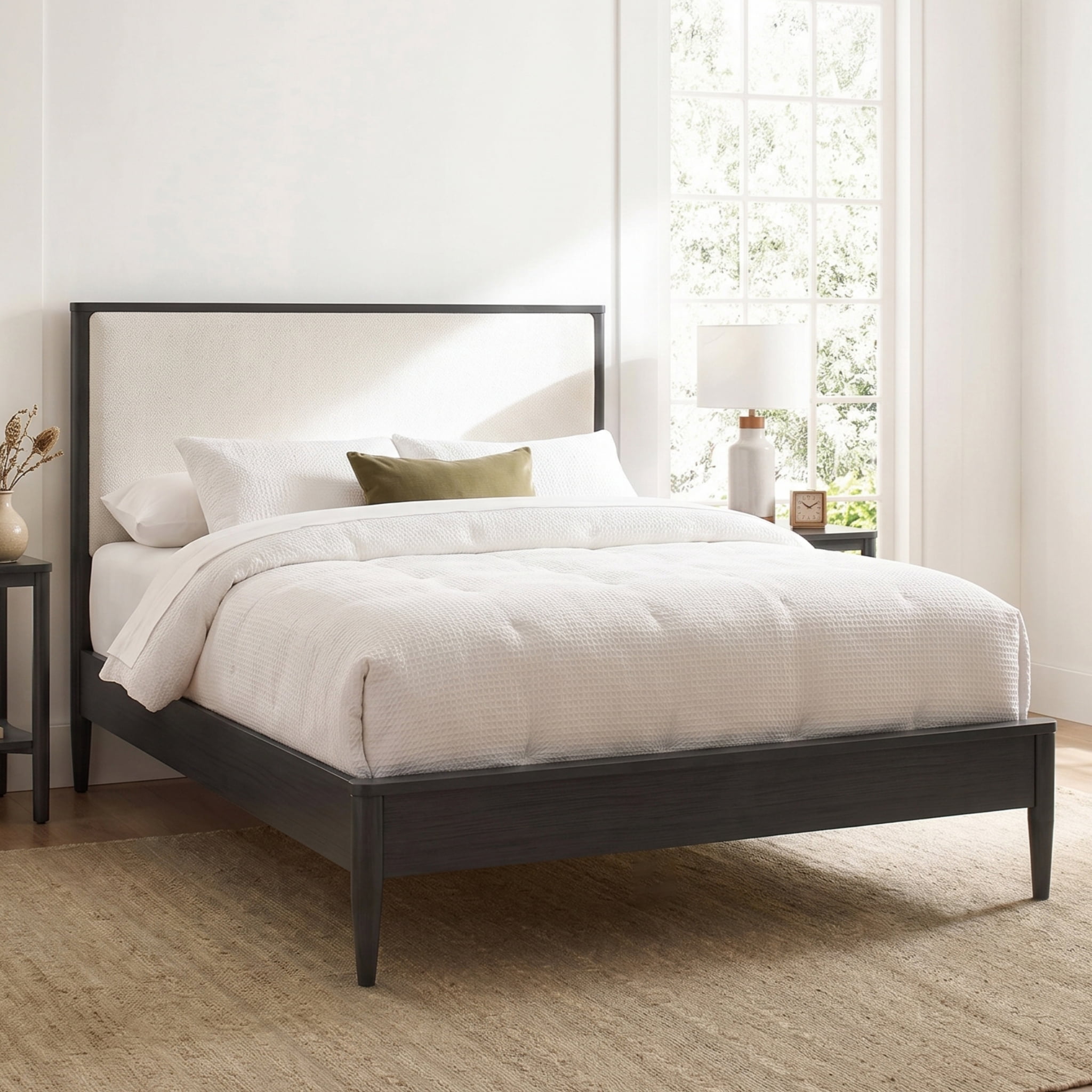 Euroco Wood Queen Size Platform Bed, Mid-Century Modern Style Platform Bed with Boucle Upholstered Headboard, Black