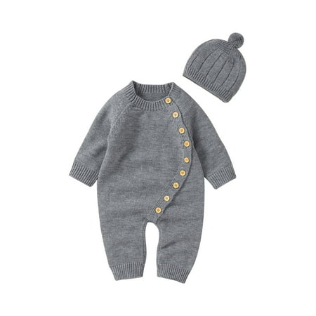 

FOCUSNORM Newborn Baby Boy Girl Long Sleeve Solid Knitted Sweater Romper Knit Button Jumpsuit with Hat Fall Winter Clothes