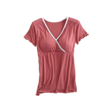 VEKDONE Clearance Maternity Tees for Women Summer Shorts Sleeve Nursing Tops Button Breastfeeding Tshirts with Built in Bra Stretchy Pregnancy Blouse Camisa de Maternidad Watermelon Red M
