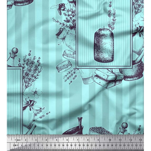 Soimoi Green Poly Georgette Fabric Mortar And Pestle,Lavender & Stripe Printed Fabric 1 Yard 52 Inch Wide