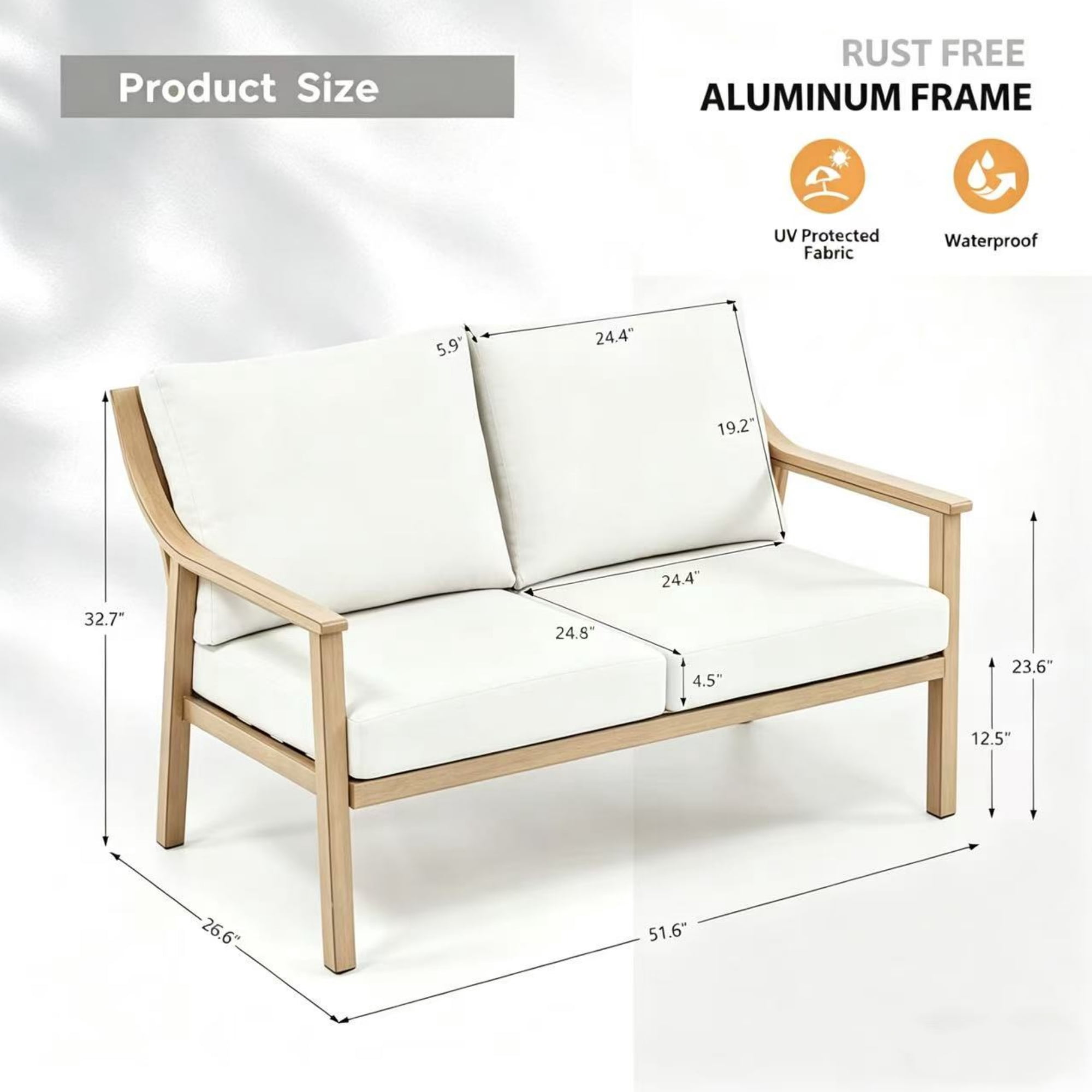 T-Patio Aluminum Outdoor Loveseat, All Weather Patio 2-Seater Sofa, Beige, Set of 1