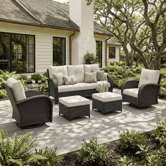 LayinSun 6 Pieces Patio Outdoor Conversation Set, Wicker Furniture Set with Swivel Chairs and Ottomans 7-Seat