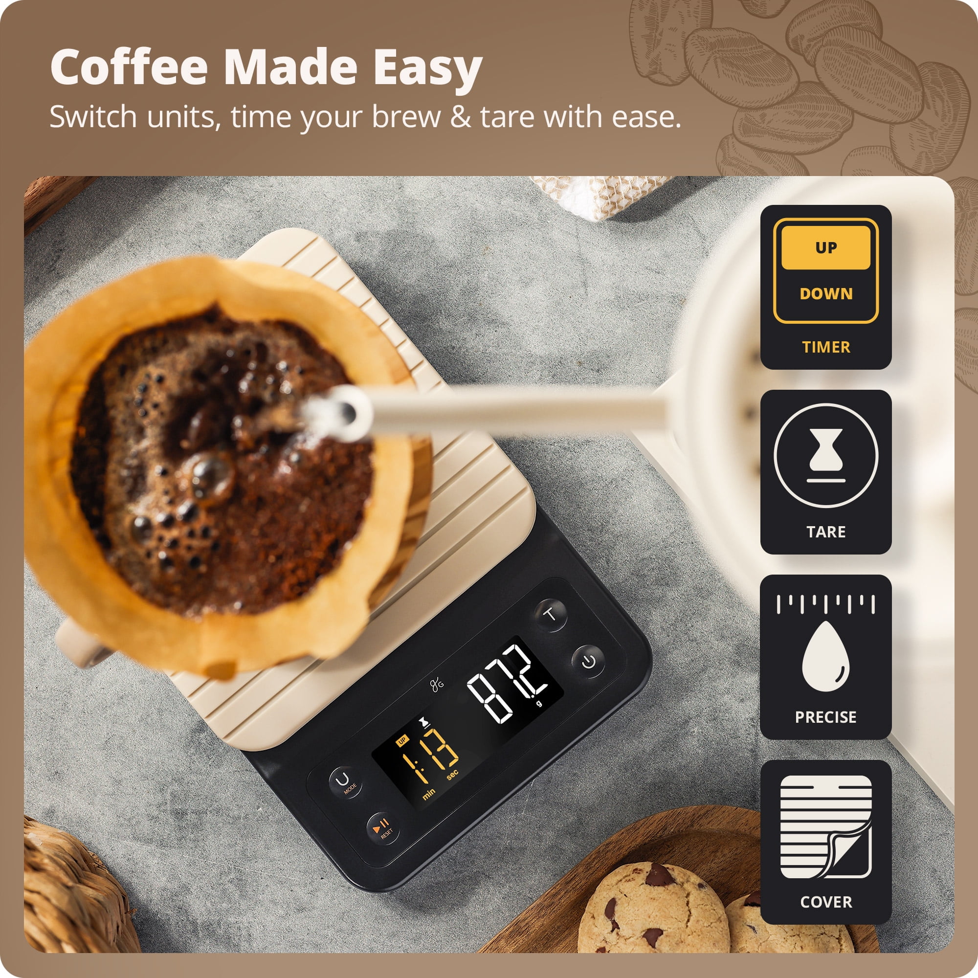 Greater Goods Coffee Scale with Timer, 0.1g Precision, 3kg Capacity, 6-Unit Digital Espresso & Pour-Over Scale, Silicone Waterproof Cover, Auto Shut-Off (Birch White)