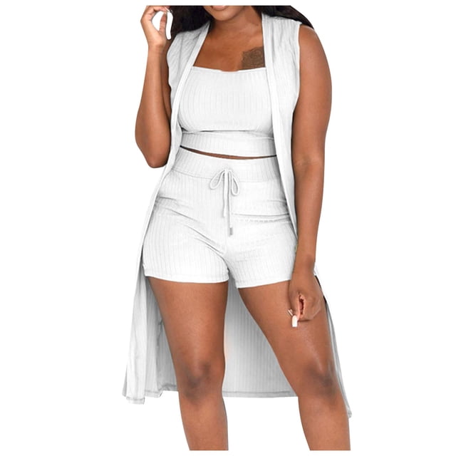 2025 Conjunto de 3 piezas para mujer: abrigo sin mangas acanalado, chaleco y pantalones cortos, color liso, ropa informal/de fiesta, tallas S-XXL