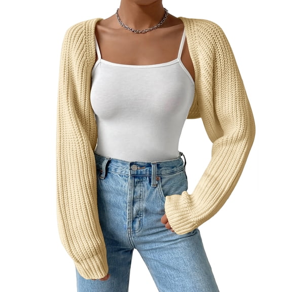 Women’s Chunky Knit Long Sleeve Shrug Cardigan, Open Front Cropped Sweater