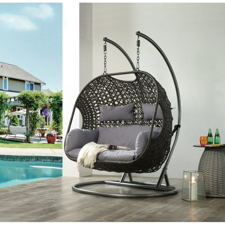 ACME Vasant Outdoor Patio Hanging Chair with Stand in Gray Fabric 