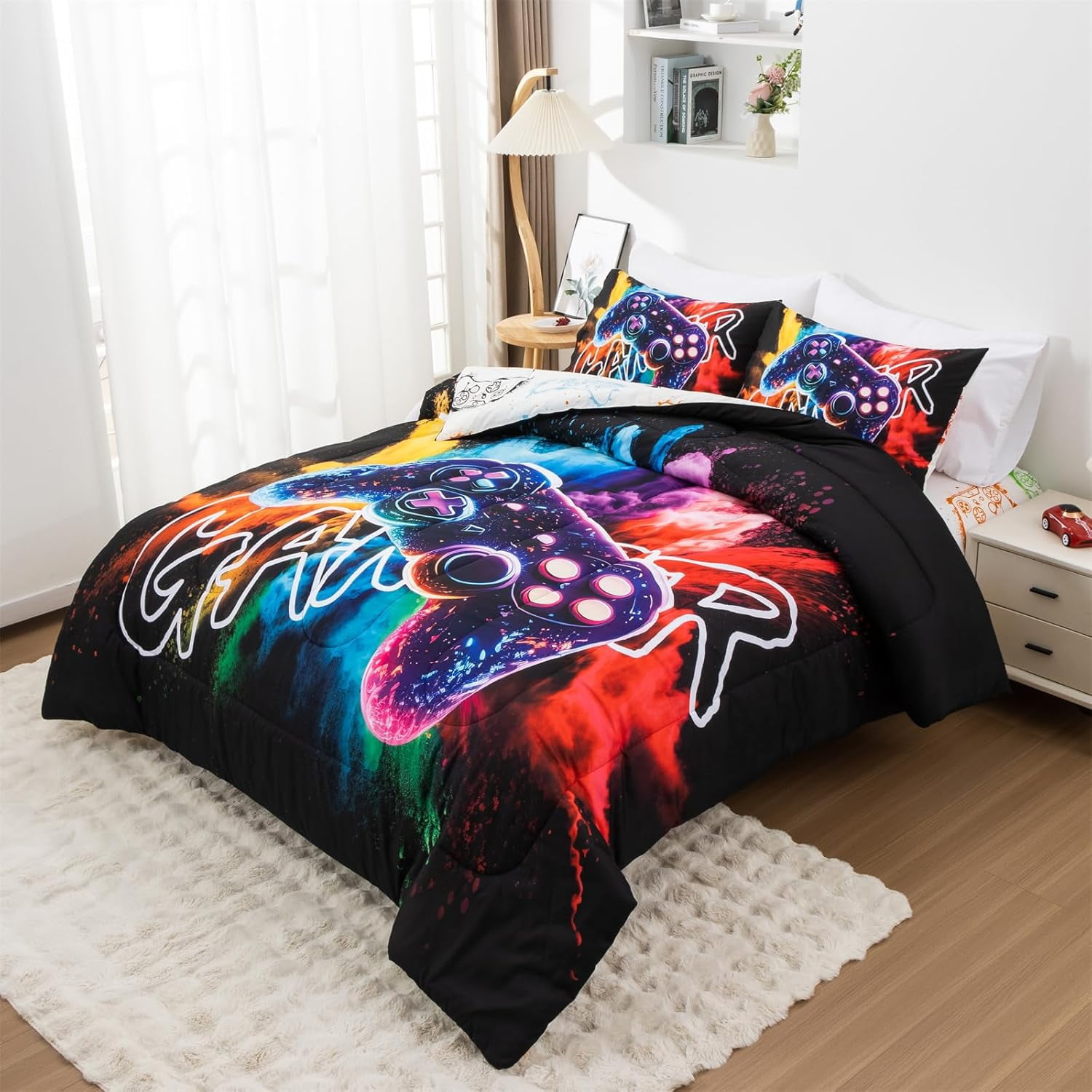NTBED Gamer Gaming Bedding Sets 3D Gamepad Comforter Sets for Boys Games Console Action Buttons Novelty Colorful Game Controller Modern Room Decor Home Quilt Set (Black-Purple, Twin 6PCS)