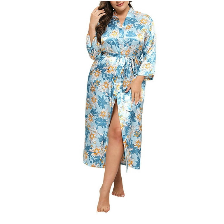 Xysaqa Women's Floral Satin Robe Trendy Nightgown Plus Size Long