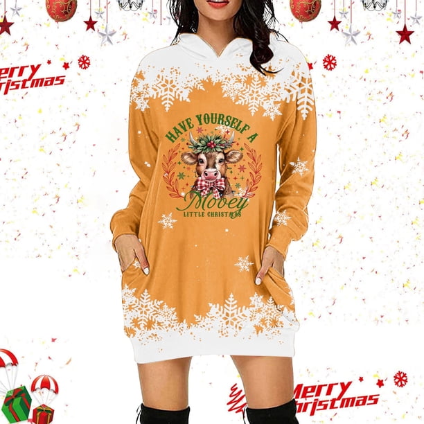 WILLBEST Vestido Casual Para Mujer Vestido Con Capucha Con Estampado Navideño De Vaca Para Mujer