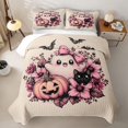 thumbnail image 2 of Homewish Halloween Floral Ghost Quilt Full for Girls, Pink Cat Pumpkin Bat Full Bedspread Sets, Beige Pink Black, 3-Piece 1 Bedspread and 2 Pillowcases, 2 of 7