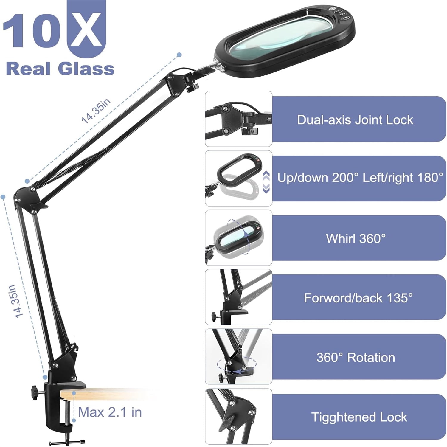 10X Rectangular Lens Magnifying Lamp - 5 Color Stepless Dimming, 2x16" Swing Arm, Head Buttons & 2.6" Clamp for Crafts/Reading/Seniors