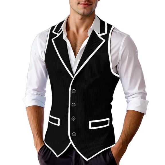 Men's Contrast Trim Vest Formal Casual Slim Fit Business Wedding Black L