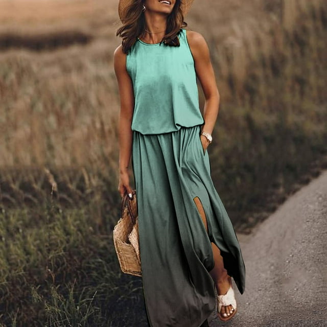 UPPADA Robe Sans Manches à Col Ras du Cou pour Femme, Fendue, Fluide, Robe Formelle, Décontractée, Bohème, d'Été, Robe de Cocktail, de Soirée, de Bal, Longue, avec Poches, Bleu Ciel, m