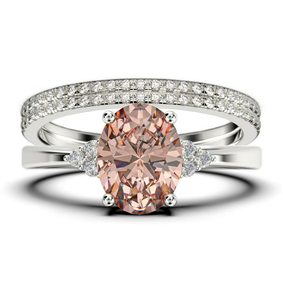Dazzling Minimalist 2.50 Carat Oval Cut Morganite And Diamond Moissanite Engagement Ring, Wedding Ring, Two Matching Band in Silver With 18k White Gold Plating Gift For Loveria, Promise Ring