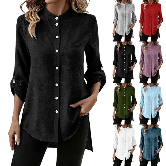 YanHoo Womens Button Down Shirts Trendy Roll Up Long Sleeve Shirt Loose Dressy Casual Tops Going Out Work Blouses