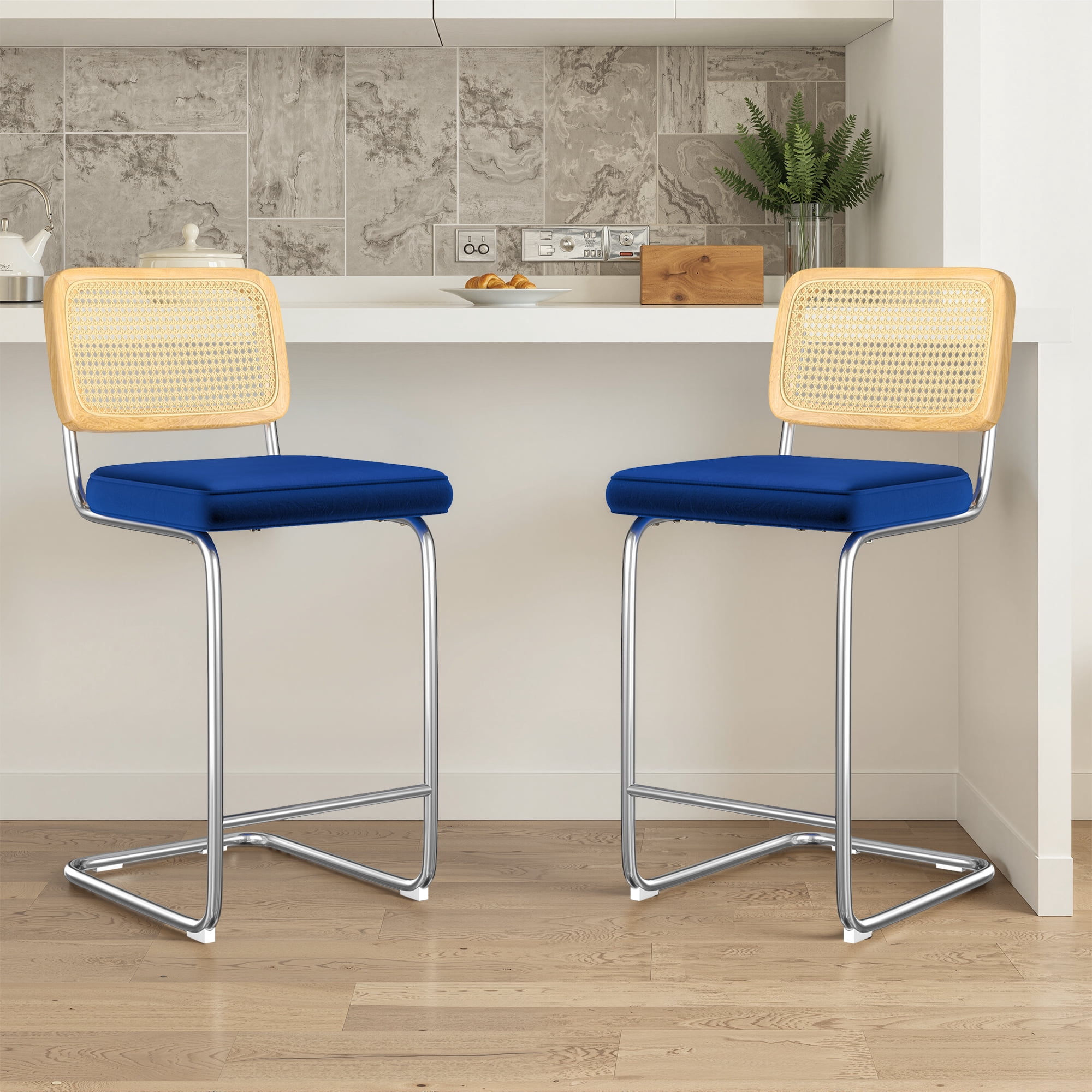 MAYEERTY 26" Royal Blue Counter Height Velvet & Rattan Bar Stools Set of 2, Armless for Kitchen Island