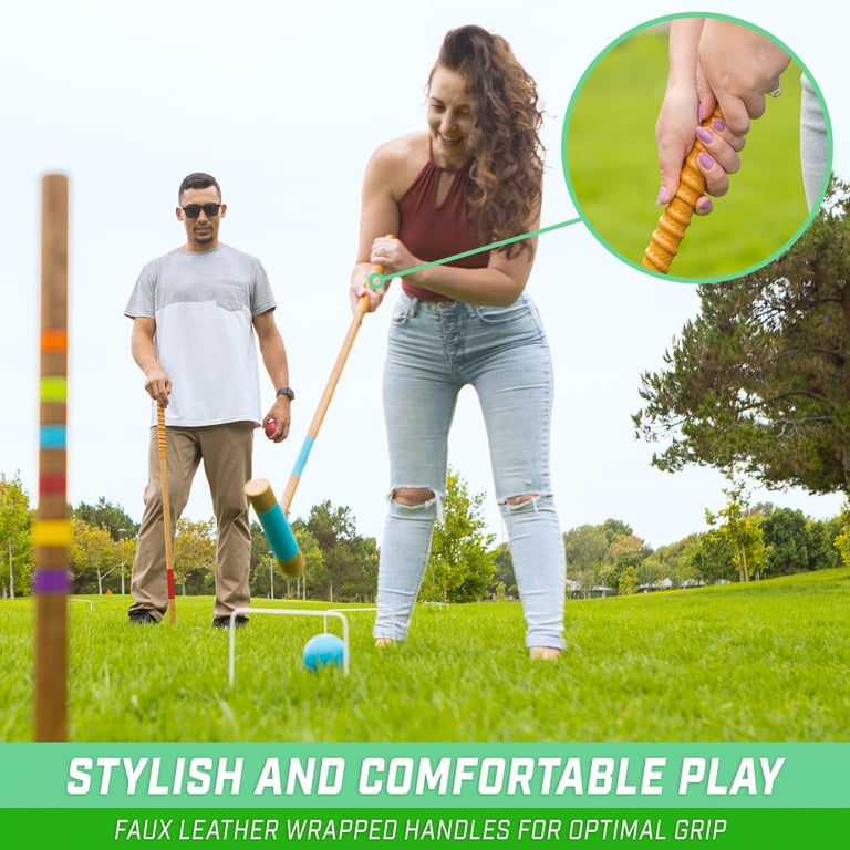 GoSports Premium Wood Stained Croquet Set with Stand- 6 Players
