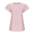 thumbnail image 6 of Pink Ladies Ruffle Short Sleeve Tshirts Loose Fit Tee Tops for Juniors Boat Neck Faux Gauze Linen Brunch Pleated Plain Fall Summer Tee Shirt 2025 Clothes S, 6 of 7