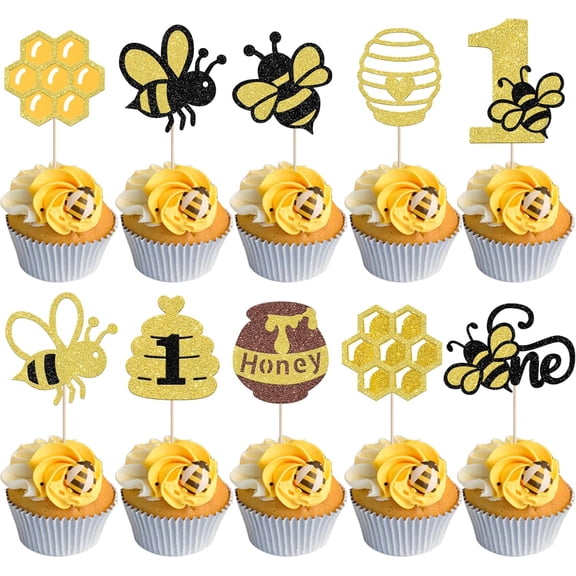 10 PCS Bee 1st Birthday Glitter Cupcake Toppers, "One" and Number 1 Picks for Bee First Birthday Party Decorations