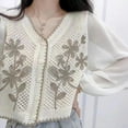 thumbnail image 2 of JUNTEX Spring Crochet Knit Cardigan for Women V-Neck Puff Long Sleeve Embroidery Floral Jacket Retro Button Down Knitwear Coat, 2 of 19