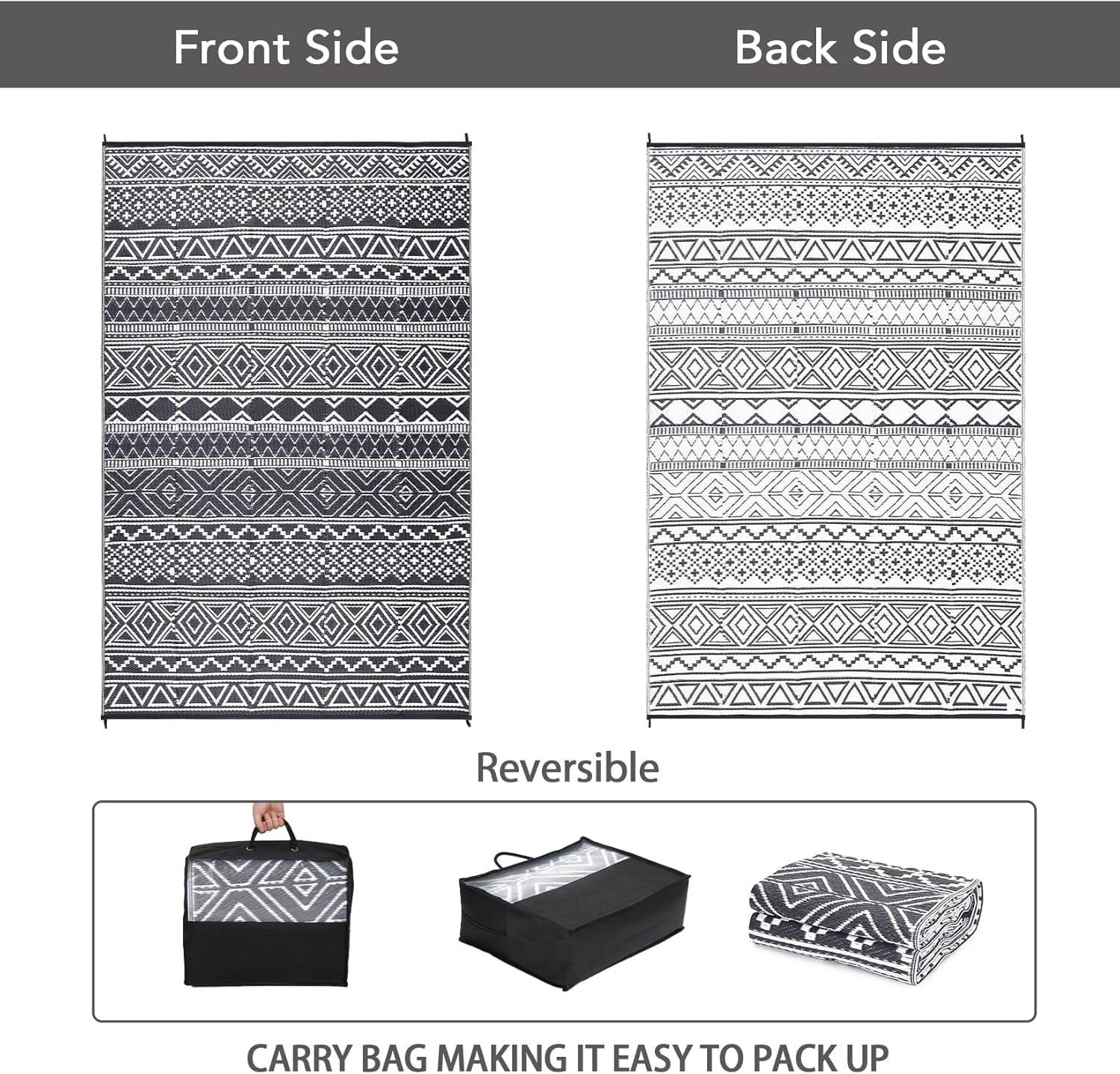 Twister.CK 5' x 8' Plastic Outdoor Rugs, Waterproof Bohemia Straw Rug Reversible Outside Carpet for Patio Deck Porch Backyard Camping Picnic Beach, Black & White
