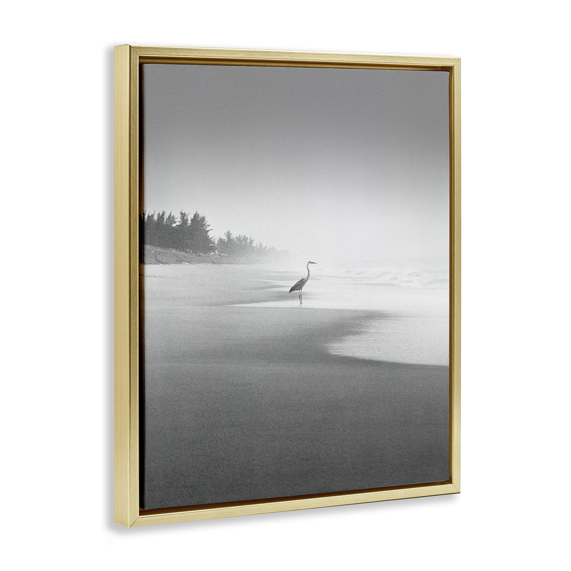 Stupell Industries Heron on Beach Coast Coastal Photography Gold Floater Framed Canvas Art Print Wall Art, 25 x 31