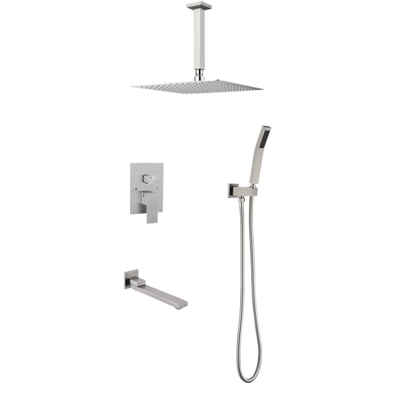 JERFIT 3-Function Brushed Nickel Shower Combo Set with Rainfall Showerhead, Handheld Shower and Diverter Spout, Anti-Clog Design, Solid Brass Construction