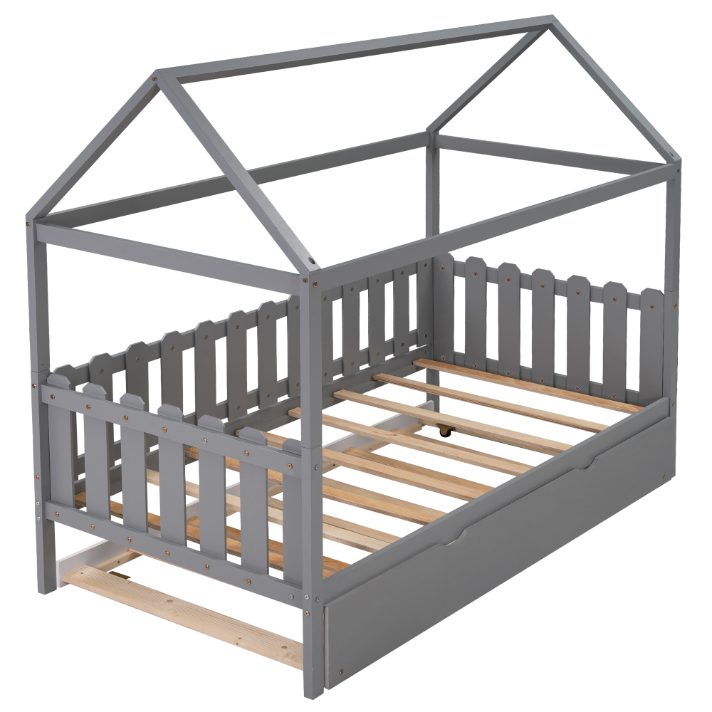 Hassch Twin Size House Bed With Trundle, Fence-Shaped Guardrail, Gray - image 5 of 8