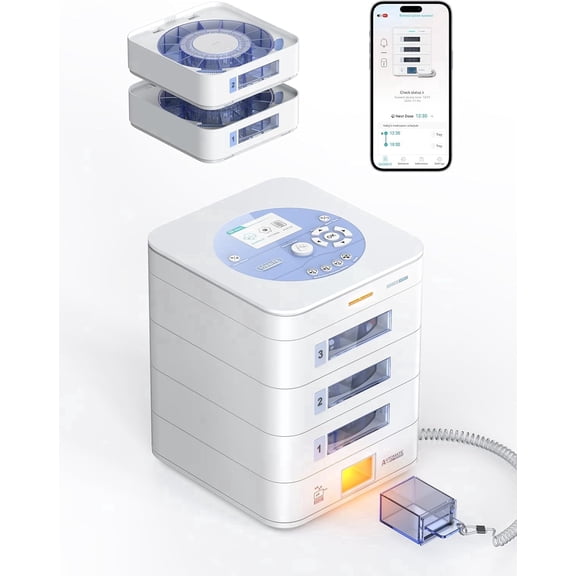 FOUR E's Scientific 42-Day Automatic Pill Dispenser, App & on-Device Setup, LCD Display, Digital Lock, Sound & Light Alerts, Pill Organizer for Dementia Seniors, 3-Tray