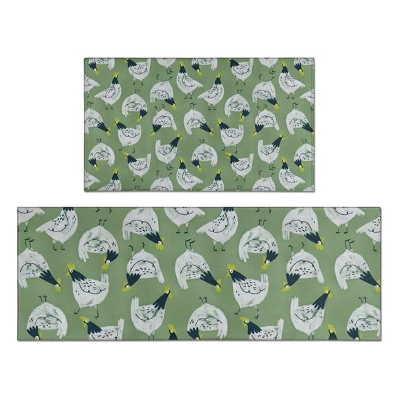 Green Chicken Pattern Kitchen Rugs Sets Of 2,Anti Fatigue Kitchen Mat Rugs Non Slip Washable,Decorative Kitchen Floor Mats for Kitchen,Sink,Laundry,17"x30" 17"x47"