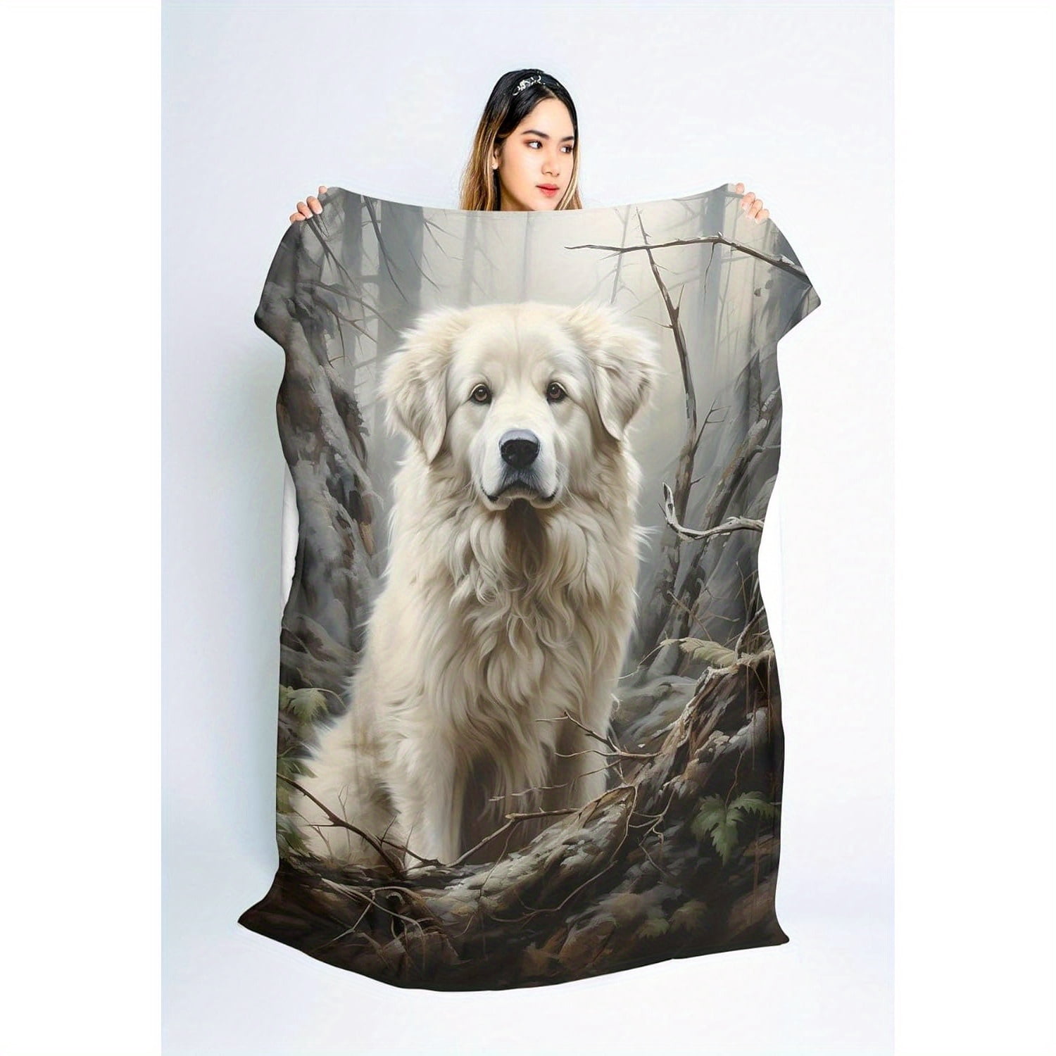 1pc Great Pyrenees Dog Blanket - Flannel All-Season Soft Hypoallergenic Throw & Bedspread, Vintage Forest Print Design, Machine Washable Cozy Gift for Dog Lovers, Pet Blanket, Hypoallergenic Material