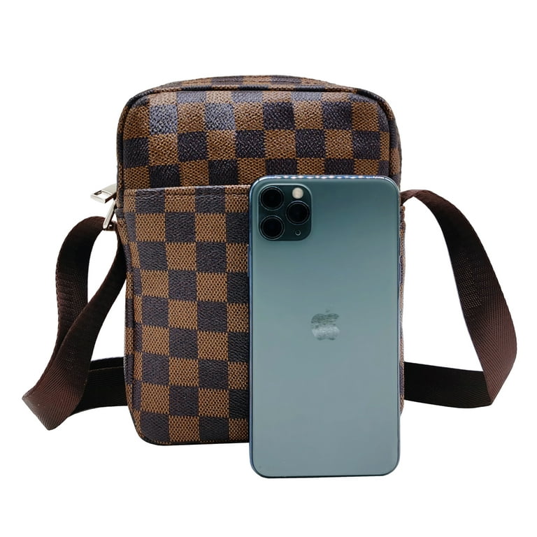 T.sheep Checker Cross body Purse Bag Shoulder Messenger Bag for Men and  Women,with Inner Pocket ,Checkered PU Vegan Leather, Brown 