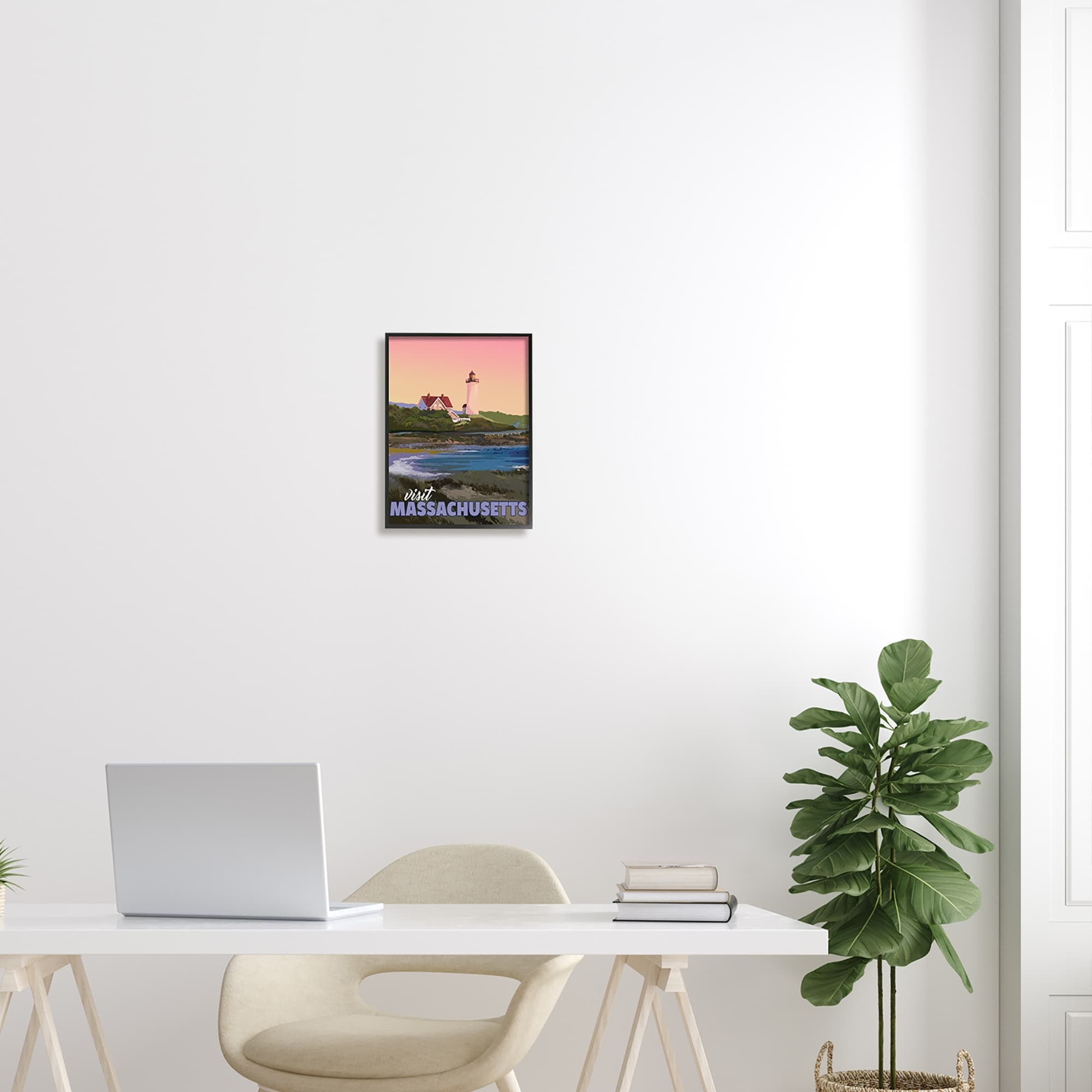 Stupell Industries Visit Massachusetts Pink Sunset Sky Ocean Inlet Graphic Art White Framed Art Print Wall Art, Design by David Owens Illustration