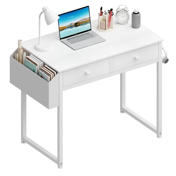 White Computer Desk With 2 Drawers And Side Fabric Pouch For Home Office Study Writing Table