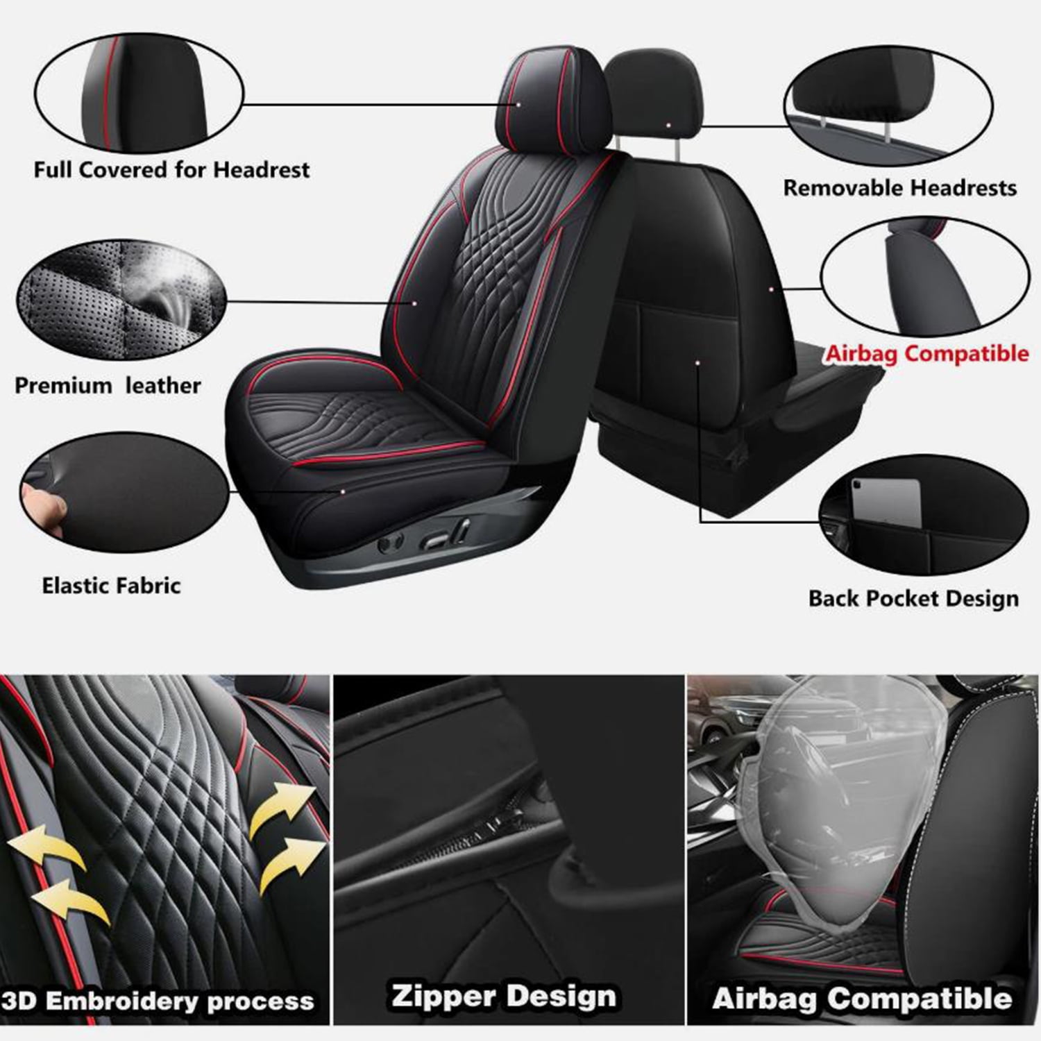 Car Seat Covers Full Set Fit for Toyota RAV4 2013-2026 Waterproof Leather 5 Seat Covers Automotive Seat Cushion Seat Protectors with Airbag Compatible (Black&Redline)