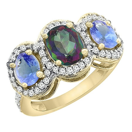 - 14K Yellow Gold Natural Mystic Topaz & Tanzanite 3-Stone Ring Oval Diamond Accent, size 6.5