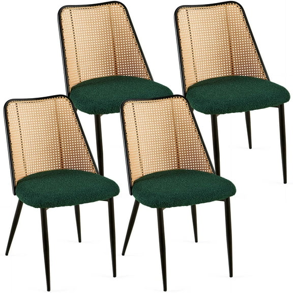 Green Rattan Dining Chairs Set of 4,Boucle Chairs with Natural Cane Back, Upholstered Dining Room Kitchen Chair for Dining Room Kitchen, Living Room