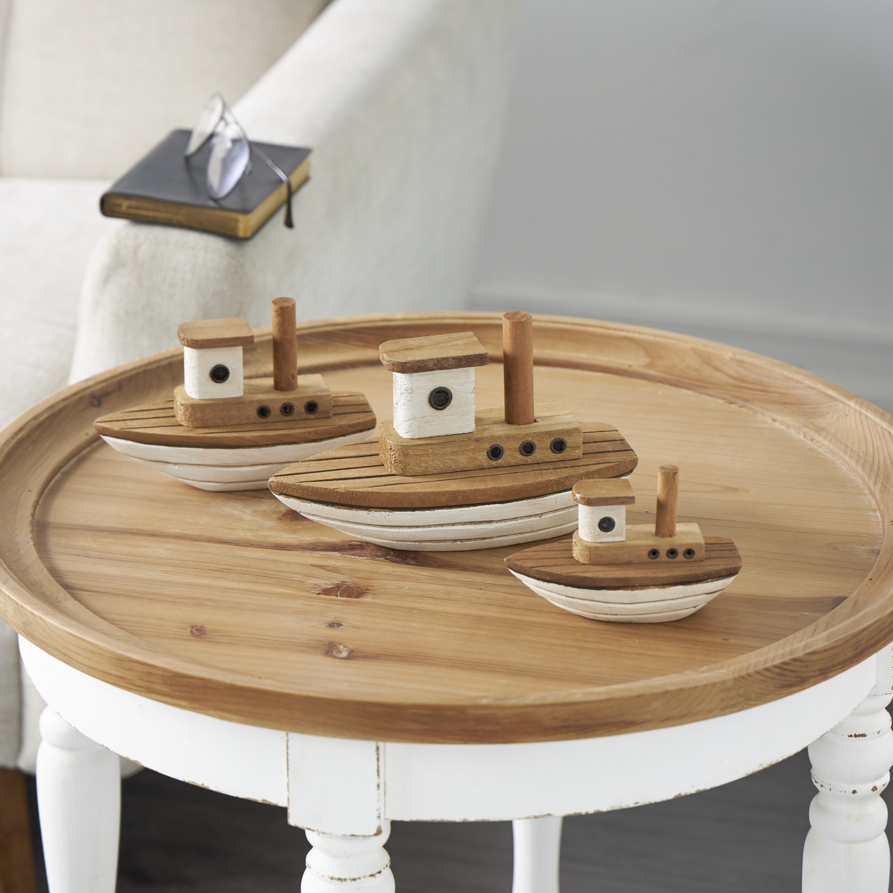 6", 5", 4"H Brown Wood Handmade Boat Sculpture with White Accents, by DecMode (3 Count)