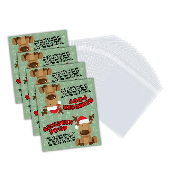 Reindeer Poop Christmas Chocolate Chips in a Bag Gag Gift 50 Tags & 50 Bags  100 pcs 4x 3.5 Stocking Stuffer Candy Grouch Pills Magical Snowman Food Sack