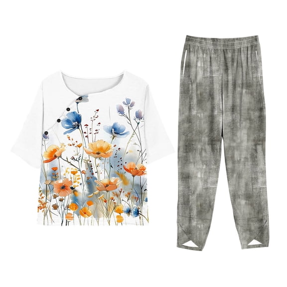 Cavosen Tee Shirts Womens 2 Piece Plus Size Oversized Short Sleeve Crewneck T Shirts Wide Leg Long Pants Floral Matching Sets