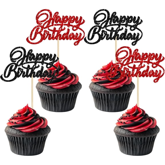12Pcs Glitter Happy Birthday Cupcake Toppers, 2 Colors Red Black Picks for Birthday Party Cake Decorations