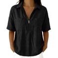 thumbnail image 3 of VBVC Women's Cotton-Linen Half-Zip Collared Shirt,Ladies Short Sleeve Pocketed Casual Blouse,Loose Fit Lightweight Summer Top for Women,Black,S-2XL, 3 of 8