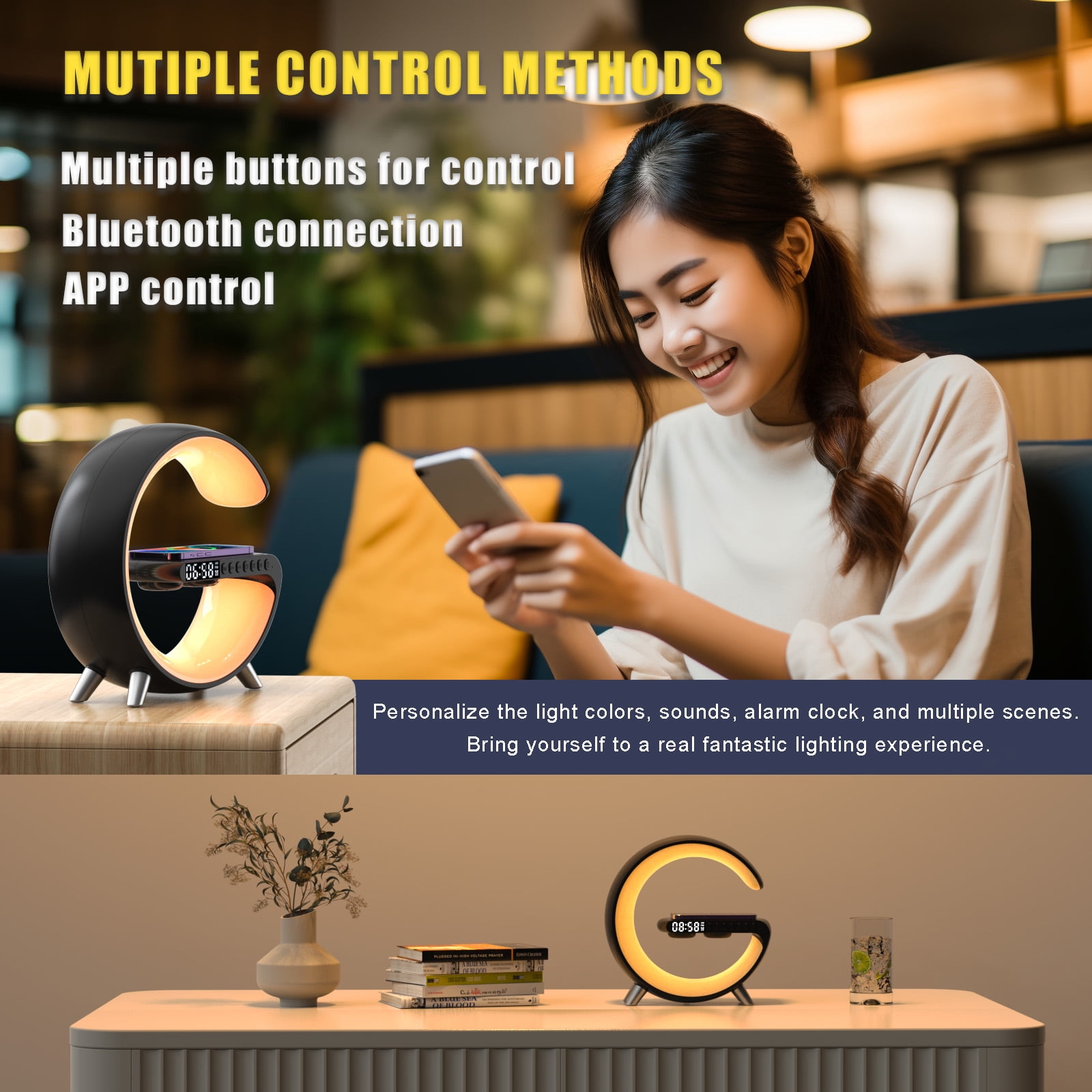 【Ueasy】Small G - Shaped Multifunctional Bluetooth Speaker - 256 Lighting Modes, Alarm, Night Light, Wireless Charge, Call Answer