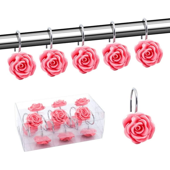 Shower Curtain Hooks, Shower Curtain Hooks Resin Rose Shower Hook Rings For Bathroom Shower Curtains, Set Of 12 Hooks (pink)