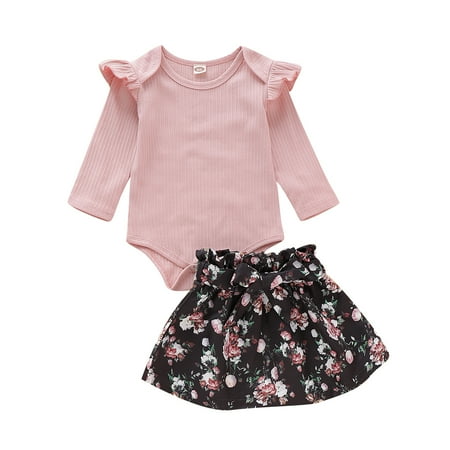 

wybzd Newborn Kid Baby Girl Ruffle Long Sleeve Romper Tops Floral Princess Skirt Dress Outfit Set