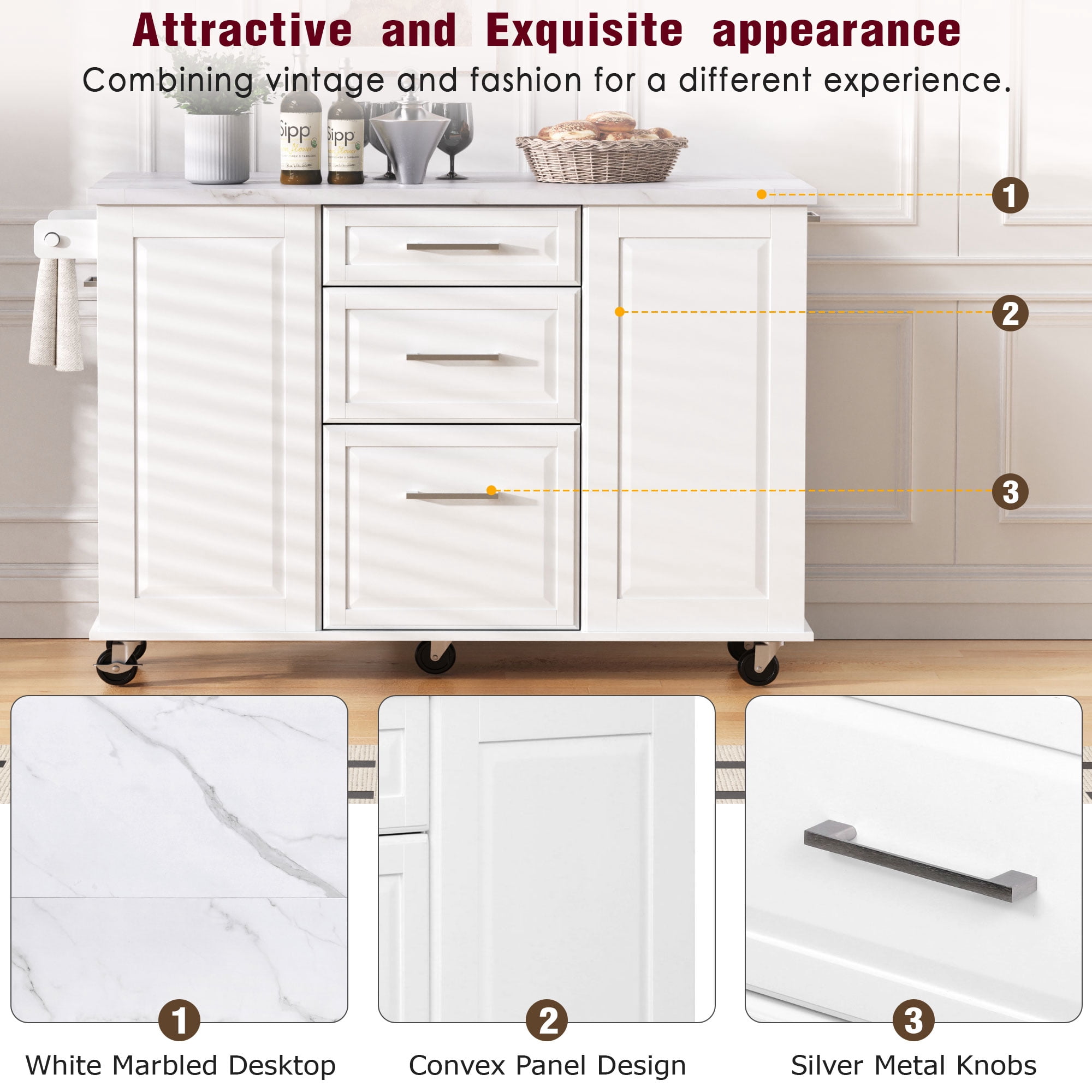 AISWORD 50.7" Kitchen Island with Trash Can Storage Cabinet, Rolling Kitchen Cart on Wheels with Faux Marble Top Drop Leaf, Spice Rack, Towel Rack and Adjustable Shelf, White