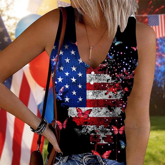 Gamivast 4Th of July Tank Tops for Women Patriotic Flag Print V Neck Sleeveless Button Detail Tops Lightweight Breathable Loose Fit Shirts Summer Casual Holiday Outfits Multicolor S
