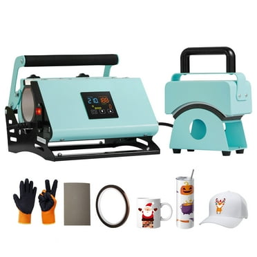 KFFKFF Dual-Function Heat Press, Compact Design for Caps, Hats, 11-30oz Tumblers & Mugs, Adjustable Temp & Timer, Green
